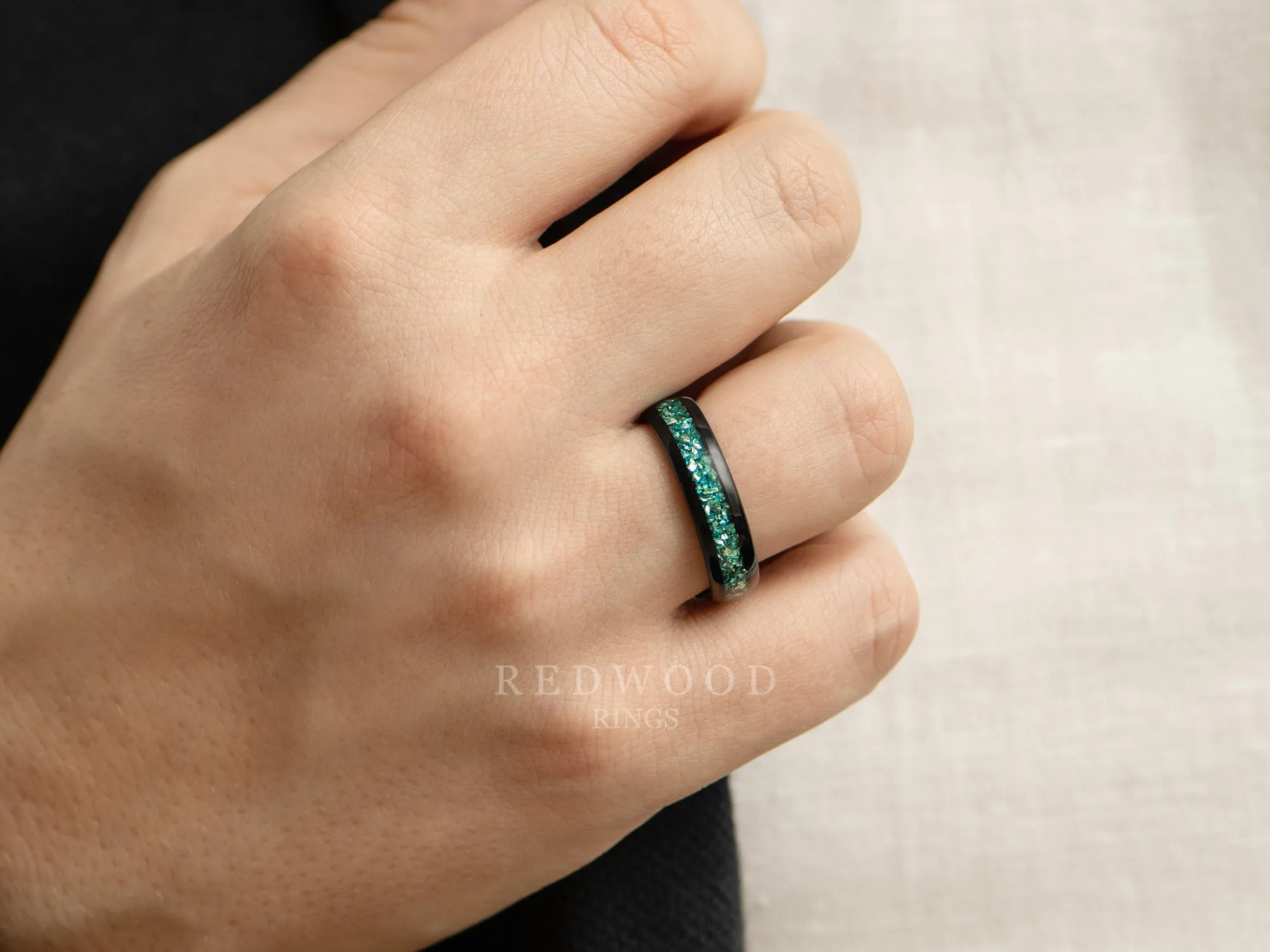Black Tungsten Ring with Blue Lab-Created Aquamarine - 6MM