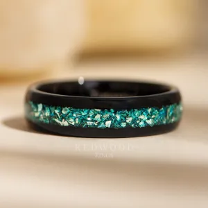 Black Tungsten Ring with Blue Lab-Created Aquamarine - 6MM