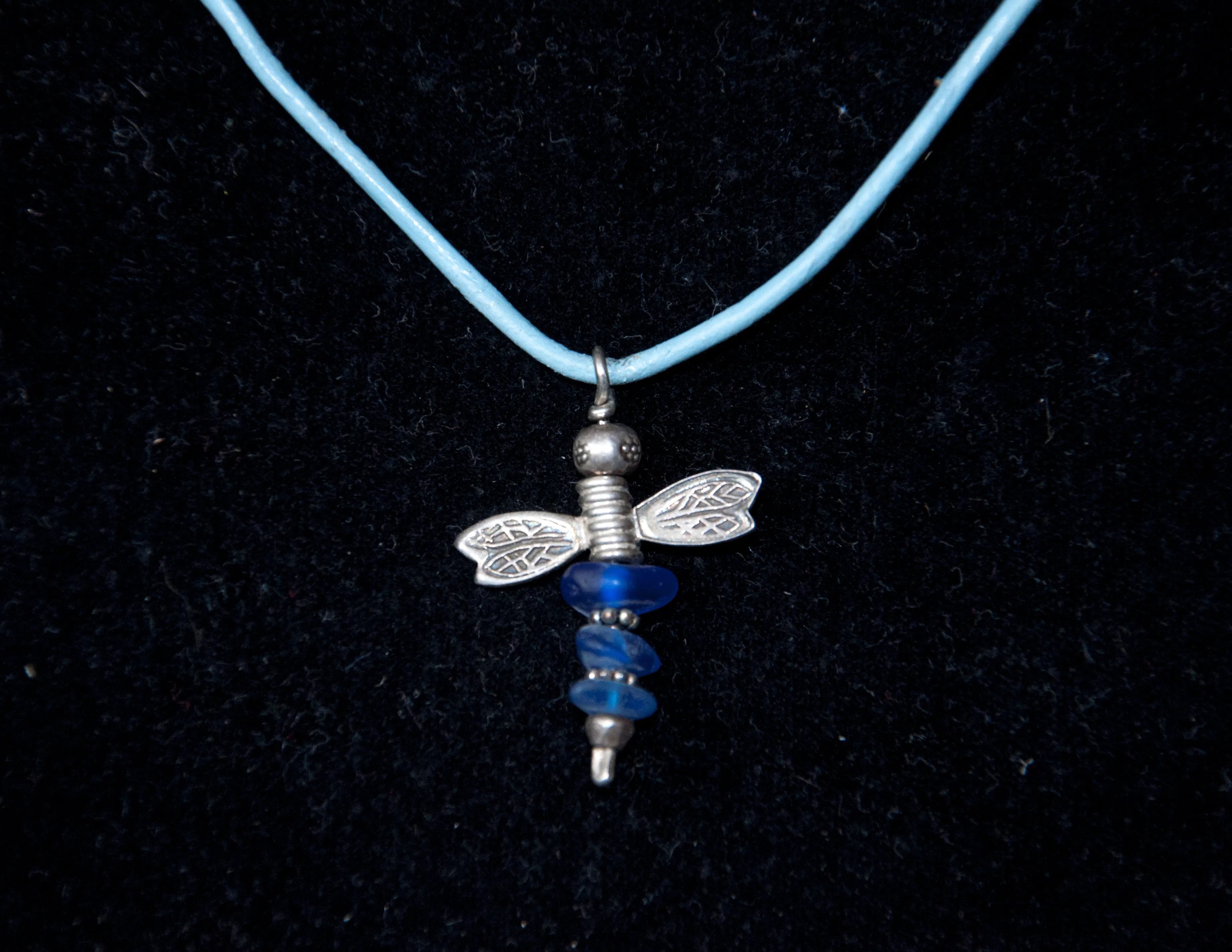 Blue Sea Glass Dragonfly Necklace