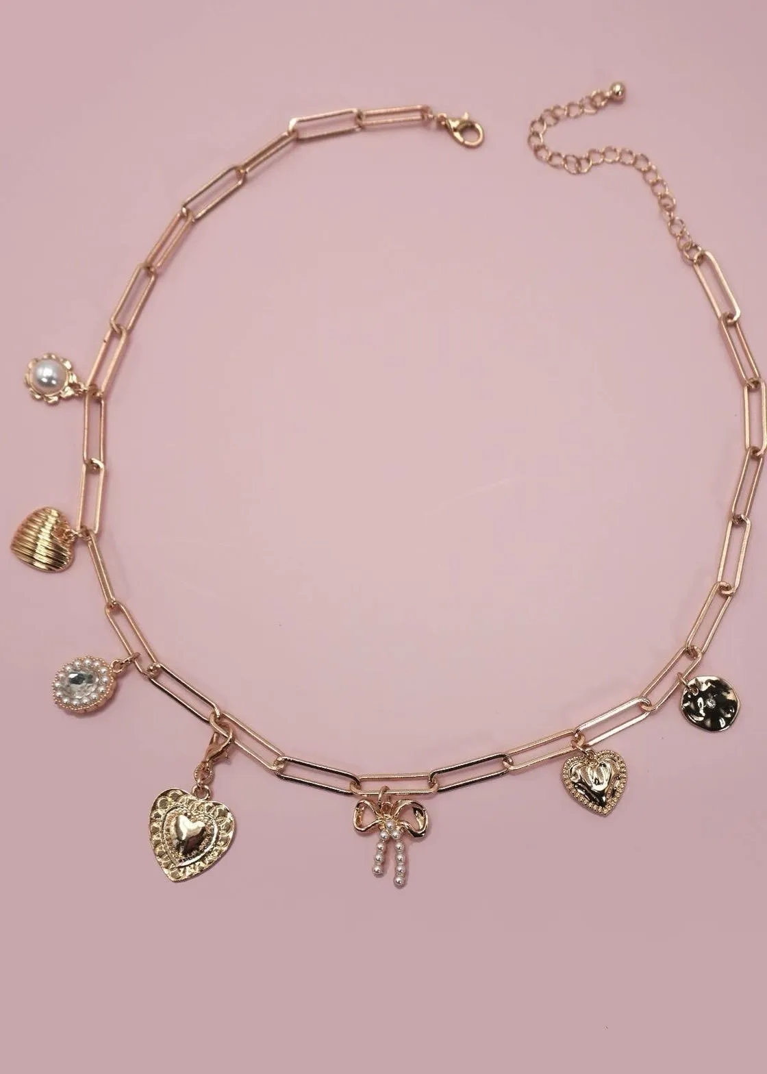 Bow, Heart, Pearl Charm Necklace