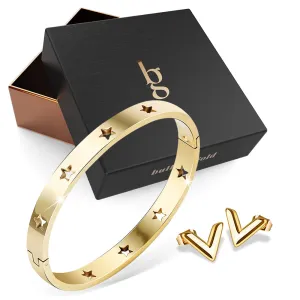 Boxed Bellatrix Star Bangle & V-Style Stud Earrings Set in Gold