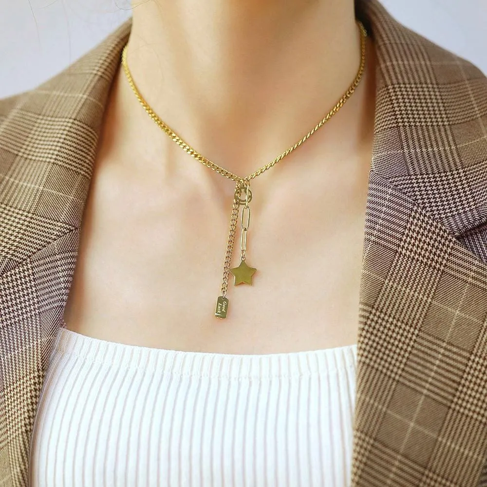 Boxed Star Tag Necklace with Ball Stud Earrings in Gold