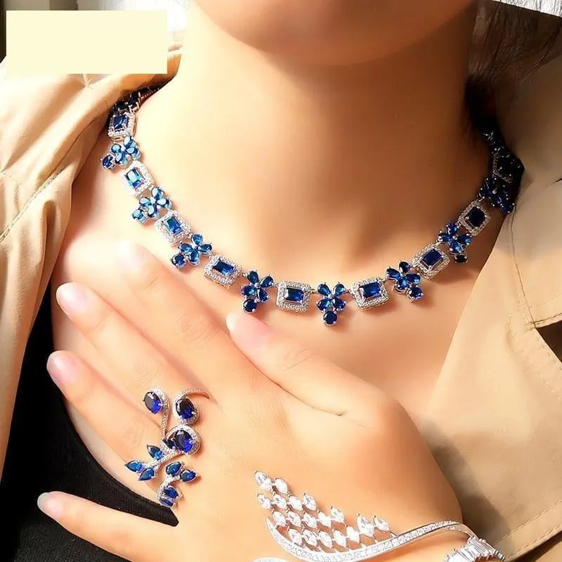 Brilliant Square & Flower Zirconia Earring Necklace  Bridal  Jewelry Sets