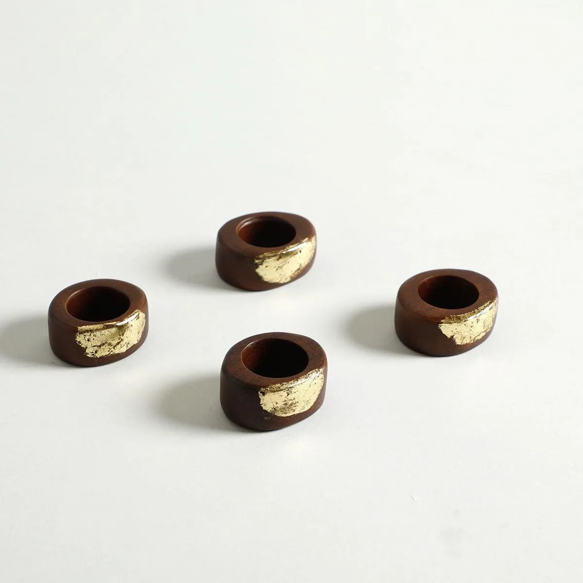 Brown & Gold Wooden Tadeo Napkin Ring Set Of 4 For Home Decor