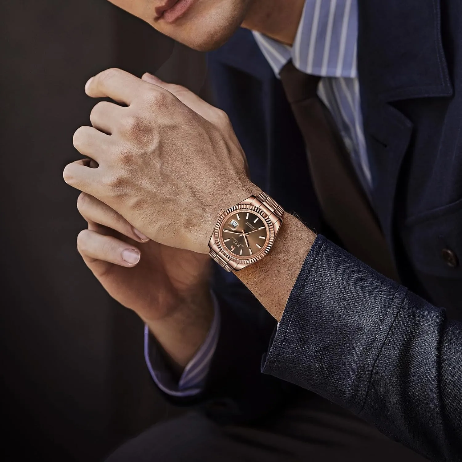 BUREI Mens Watches Luxury Stainless Steel Analog Quartz Waterproof Wristwatch Sapphire Crystal Dial with Calendar Display,Gift for Men