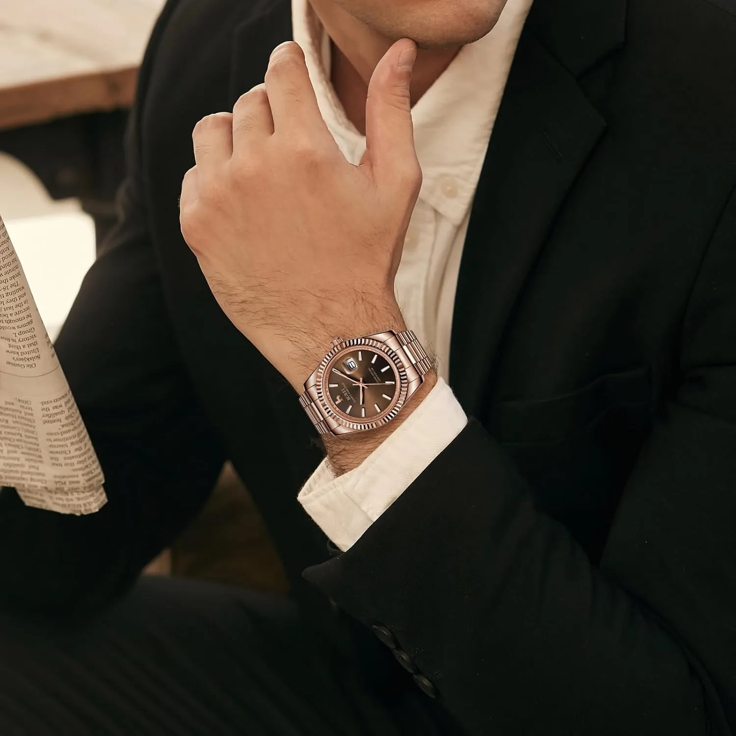 BUREI Mens Watches Luxury Stainless Steel Analog Quartz Waterproof Wristwatch Sapphire Crystal Dial with Calendar Display,Gift for Men