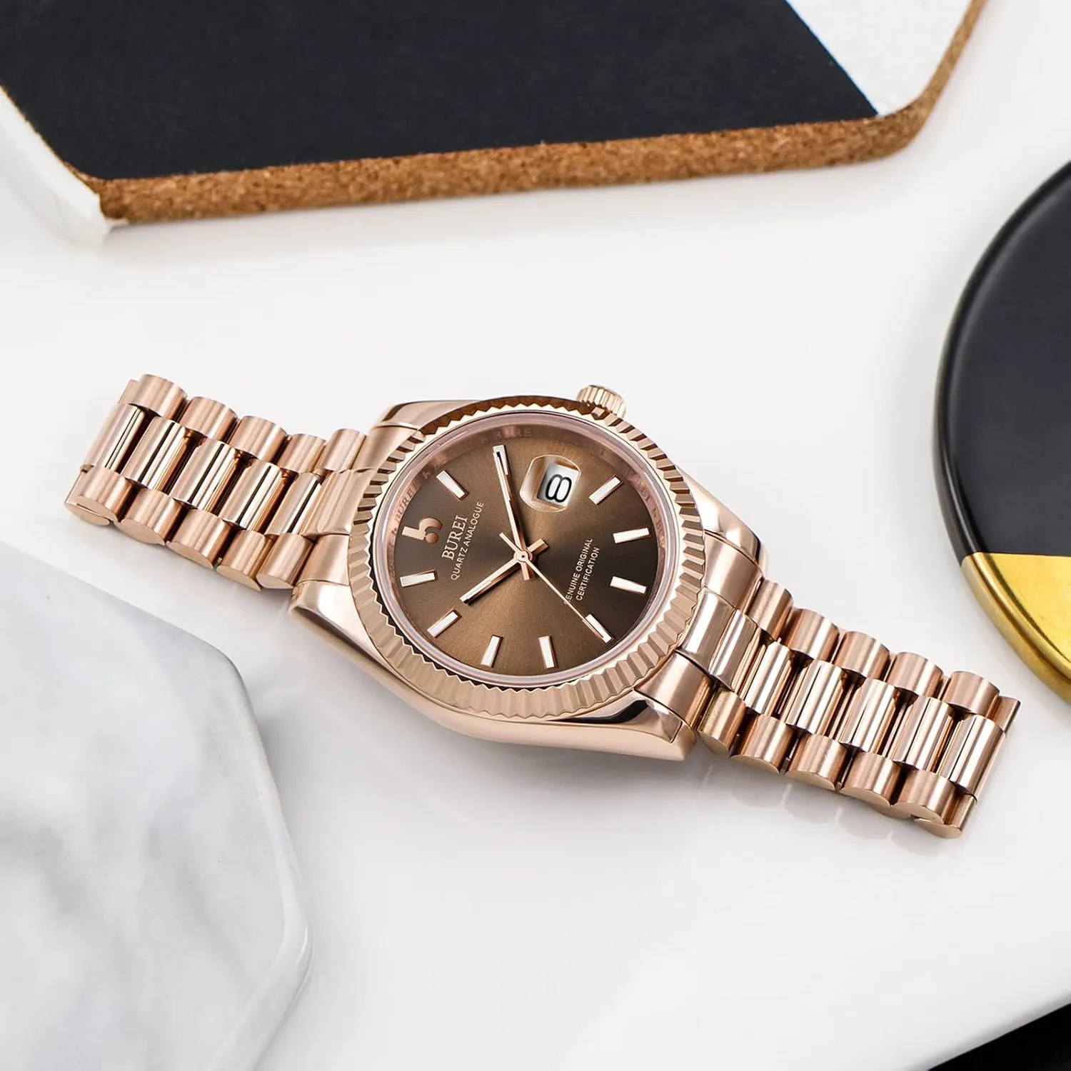 BUREI Mens Watches Luxury Stainless Steel Analog Quartz Waterproof Wristwatch Sapphire Crystal Dial with Calendar Display,Gift for Men