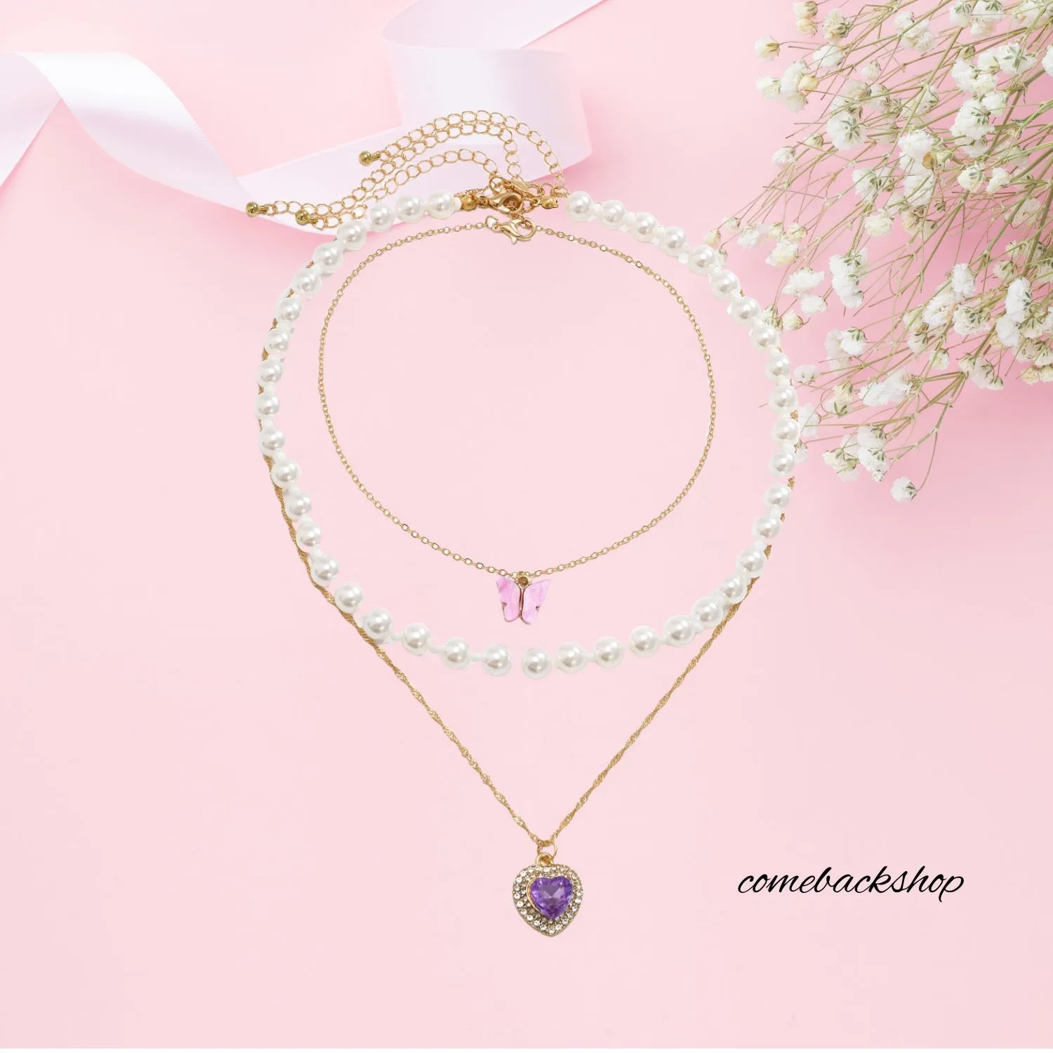 Butterfly Heart Pink Necklace for Women Girls,Layering Gold Necklaces Gift for her