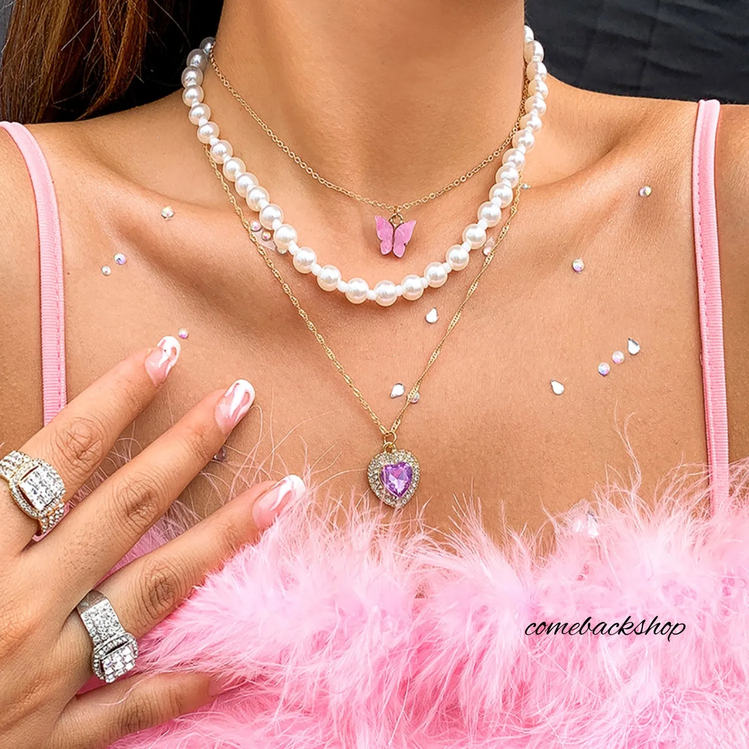Butterfly Heart Pink Necklace for Women Girls,Layering Gold Necklaces Gift for her