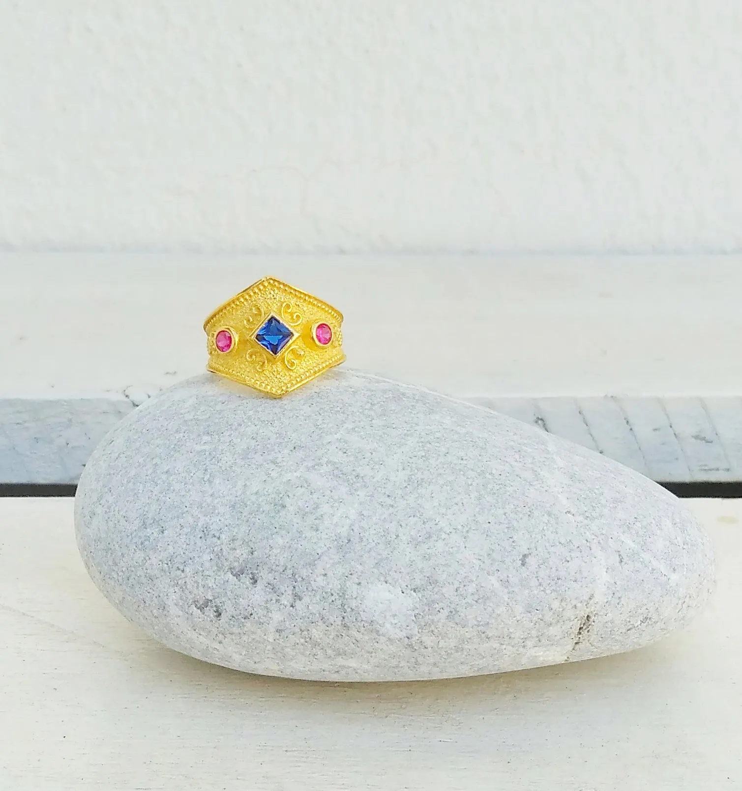 Byzantine Ring, Sapphire Zircon Antique Ring, Ancient Greek Jewelry