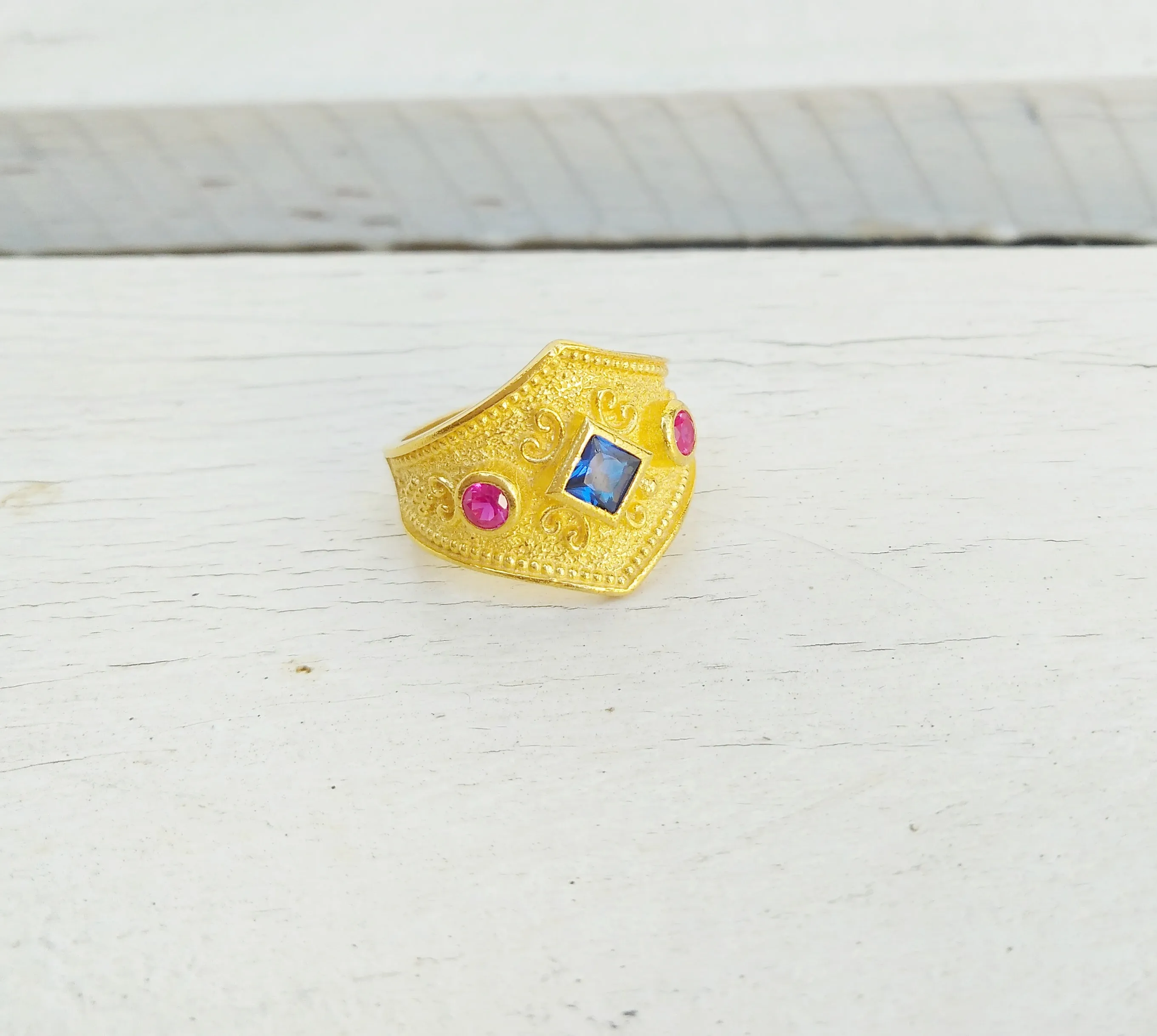 Byzantine Ring, Sapphire Zircon Antique Ring, Ancient Greek Jewelry