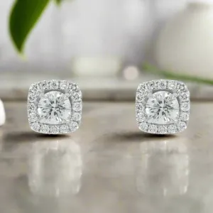 Calantha 3 Carats Square Shape Round Diamond Stud Earrings in 14K White Gold