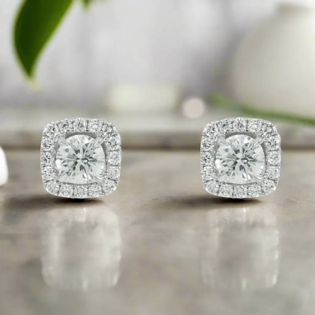 Calantha 3 Carats Square Shape Round Diamond Stud Earrings in 14K White Gold