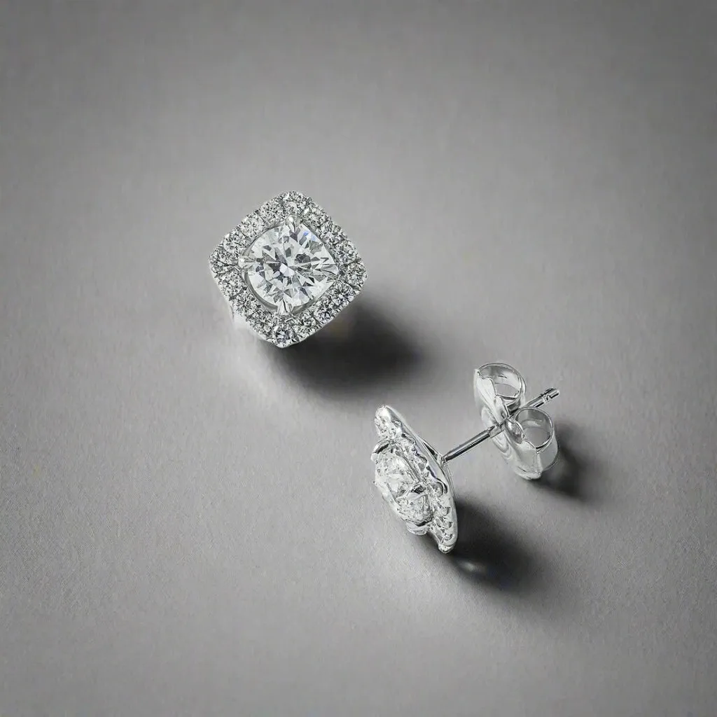 Calantha 3 Carats Square Shape Round Diamond Stud Earrings in 14K White Gold