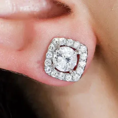 Calantha 3 Carats Square Shape Round Diamond Stud Earrings in 14K White Gold