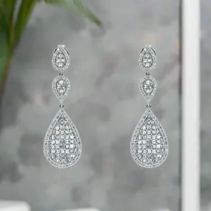 Cerese 3 Carats Round and Asscher Cut Diamond Tier Drop Earrings in 14K White Gold