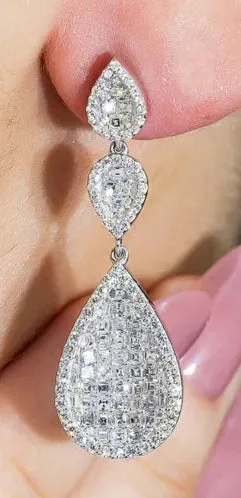 Cerese 3 Carats Round and Asscher Cut Diamond Tier Drop Earrings in 14K White Gold