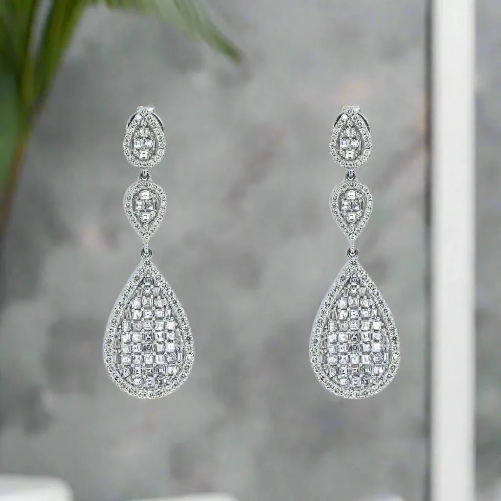 Cerese 3 Carats Round and Asscher Cut Diamond Tier Drop Earrings in 14K White Gold
