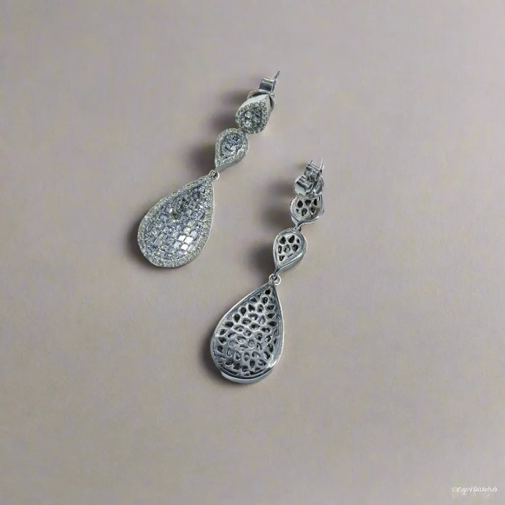Cerese 3 Carats Round and Asscher Cut Diamond Tier Drop Earrings in 14K White Gold