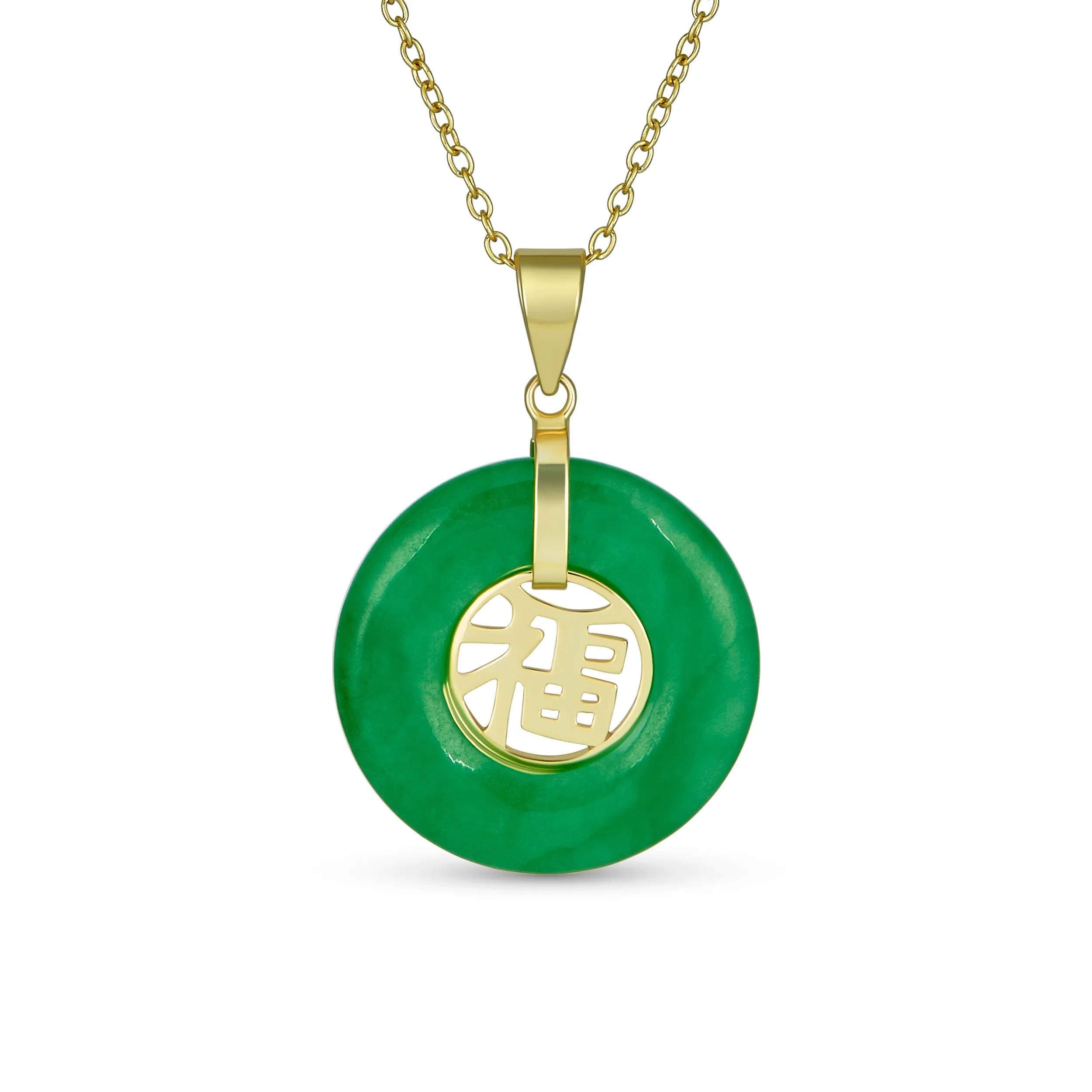 Chinese Script Good Fortune Green Agate Jade Pendant Gold Plate Silver