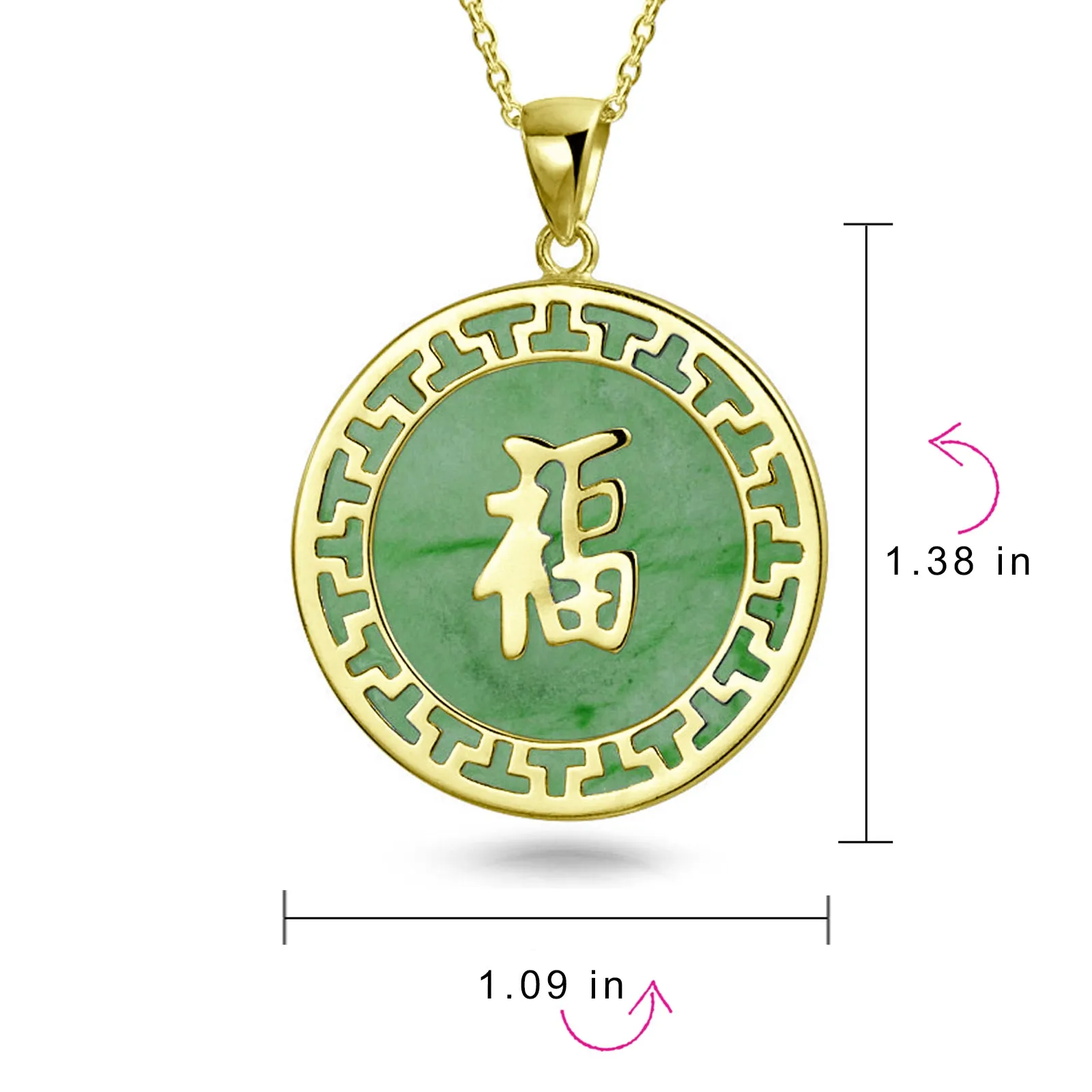 Chinese Script Good Fortune Green Agate Jade Pendant Gold Plate Silver
