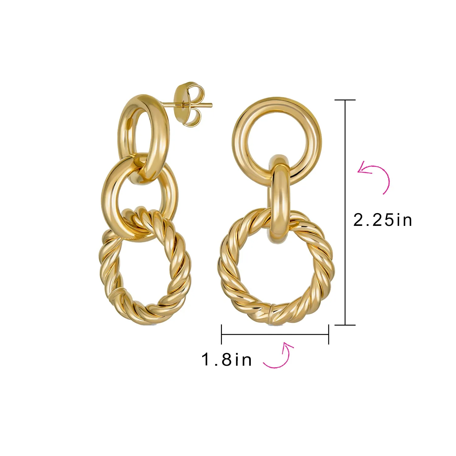 Classic Twisted Rope Hoop Huggie Earrings Gold Plated Brass 1.70 Inch