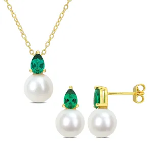 Created Emerald and 8.5-9mm Cultured Freshwater Pearl Gold-Plated Necklace and Earring Set