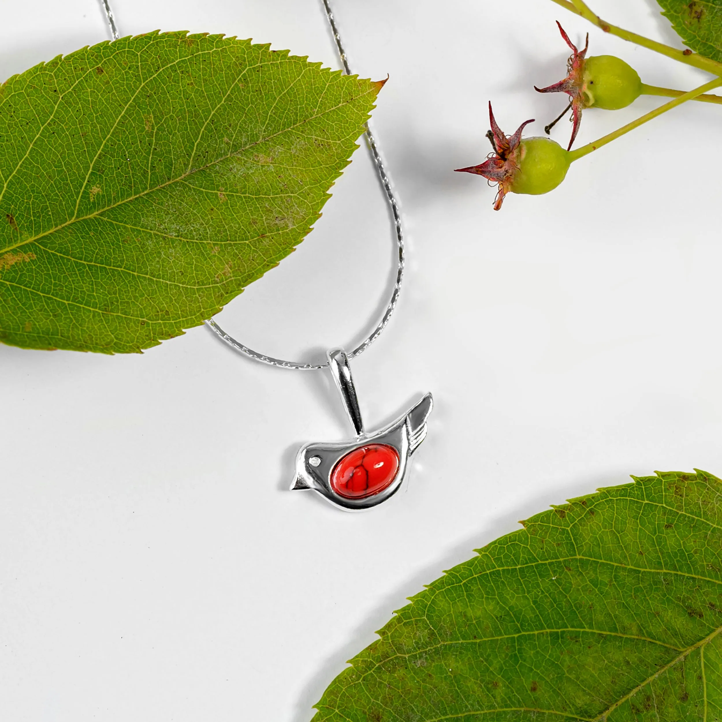 Cute Bird Necklace in Silver and Turquoise