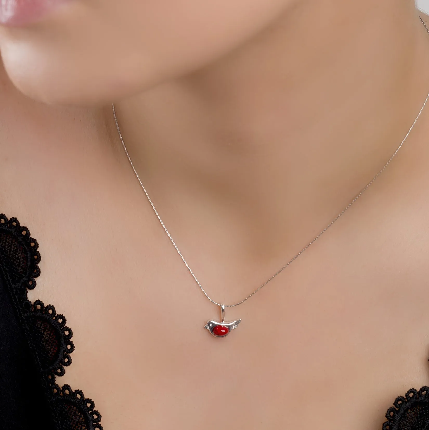 Cute Bird Necklace in Silver and Turquoise