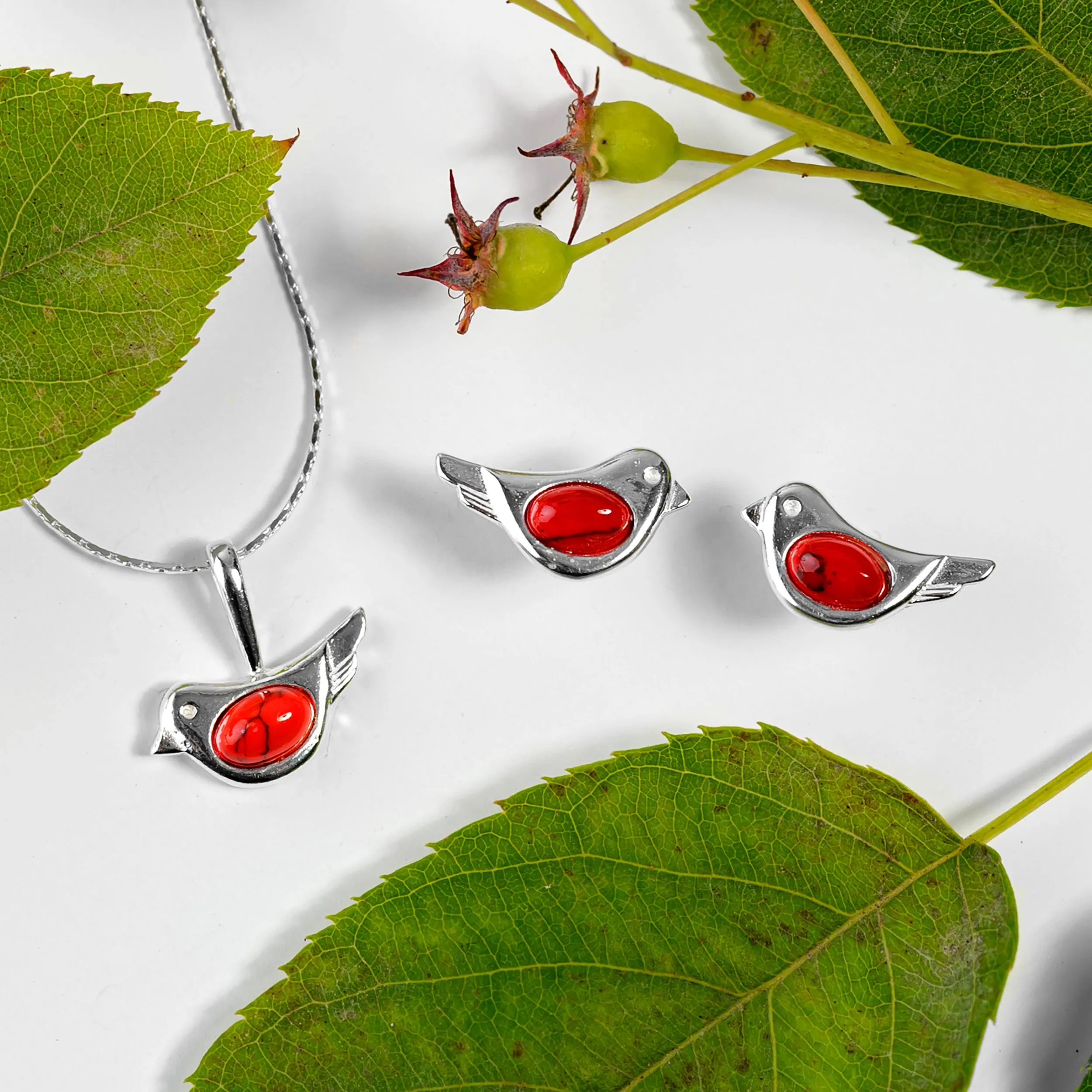 Cute Bird Necklace in Silver and Turquoise