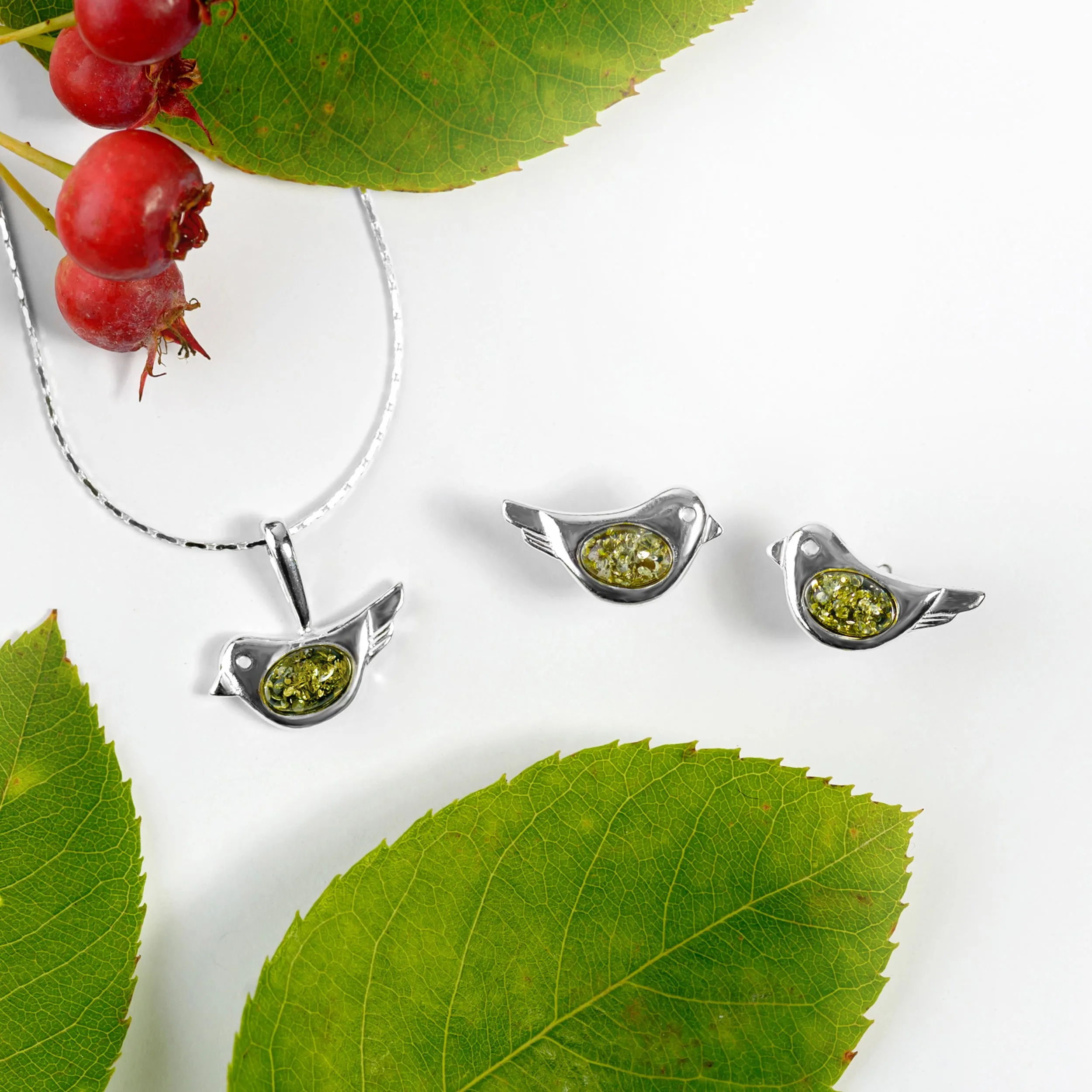 Cute Bird Necklace in Silver and Turquoise