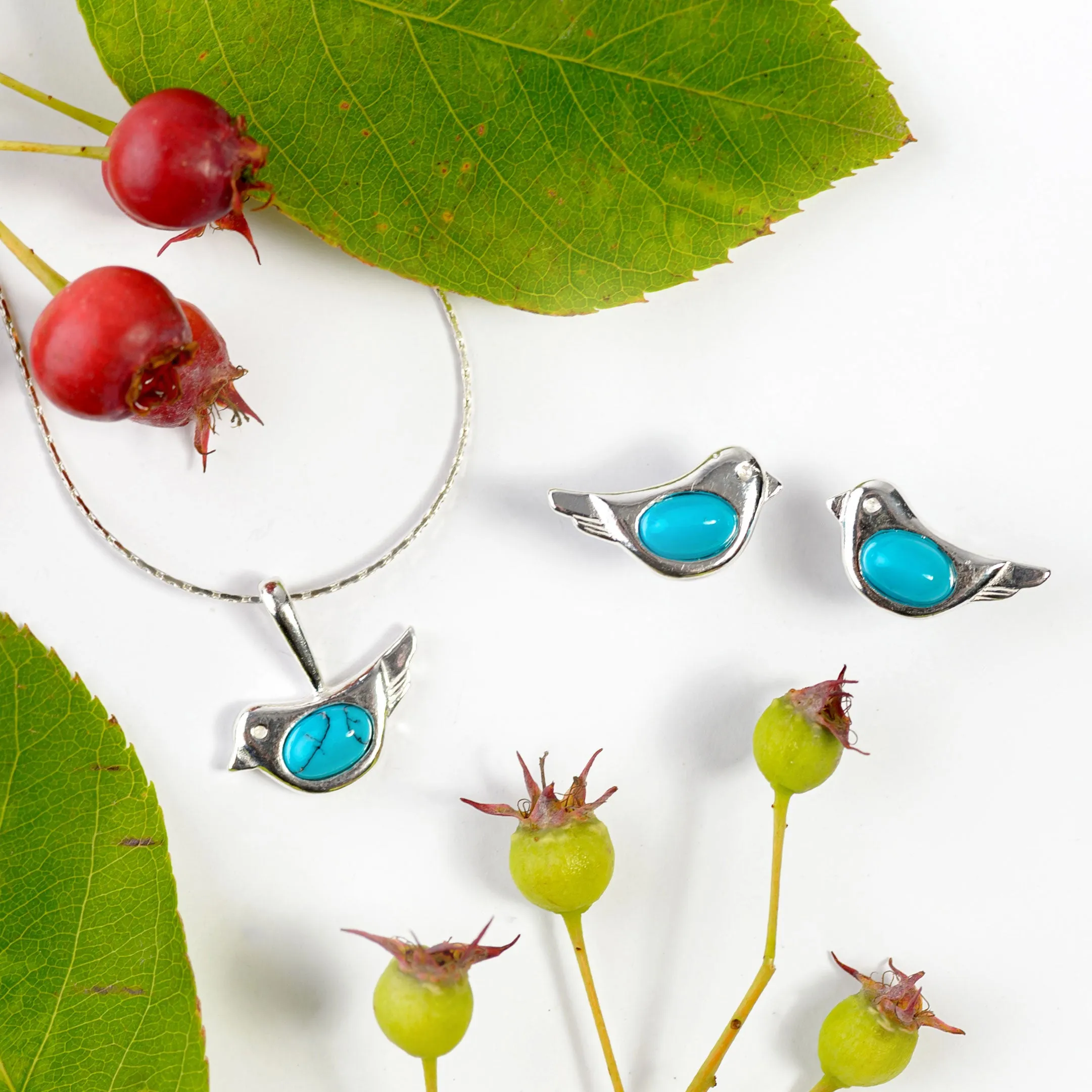 Cute Bird Necklace in Silver and Turquoise