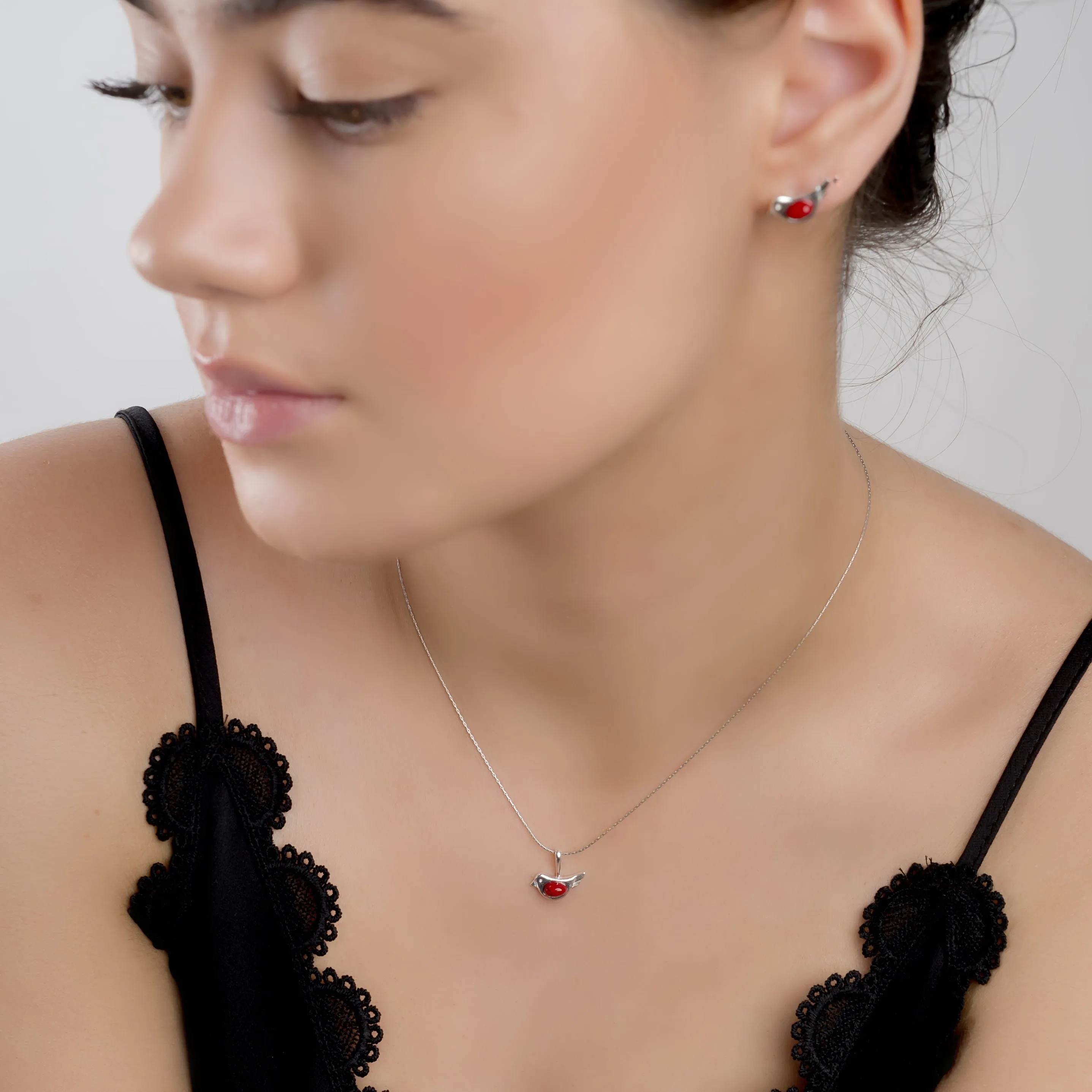 Cute Bird Necklace in Silver and Turquoise