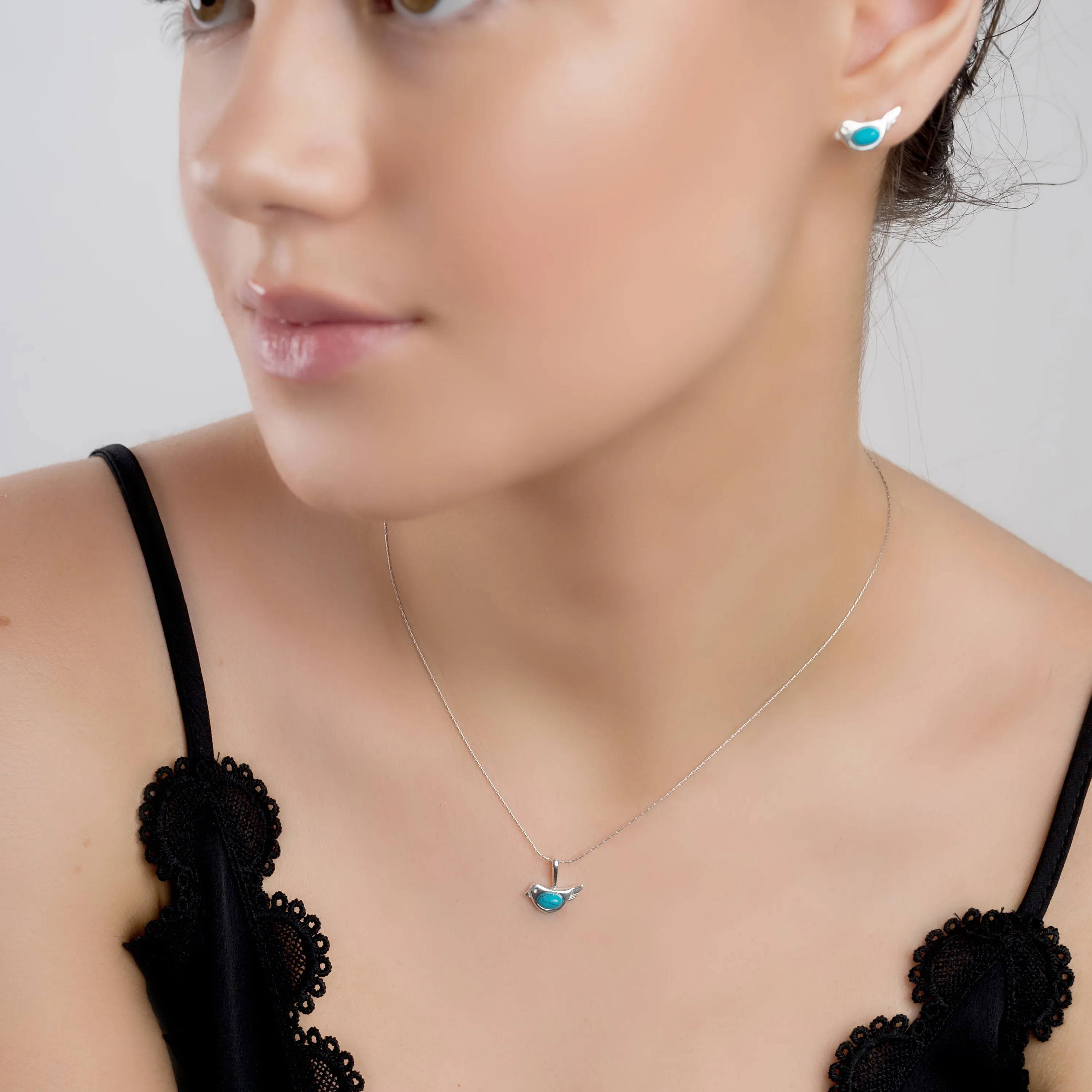 Cute Bird Necklace in Silver and Turquoise