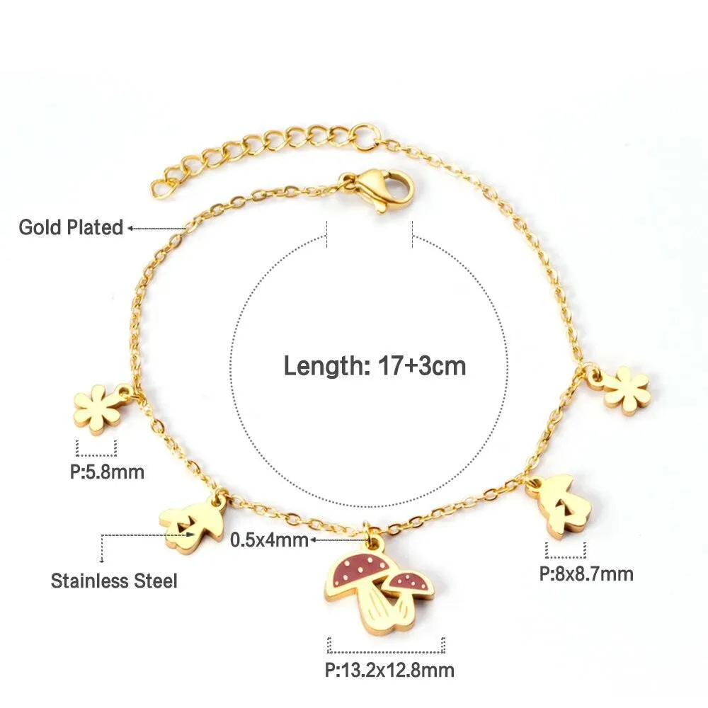 Cute Style Gold Colour Mushroom Flower Pendants Beaded Chains Charm Bracelets - Stainless Steel link Chain