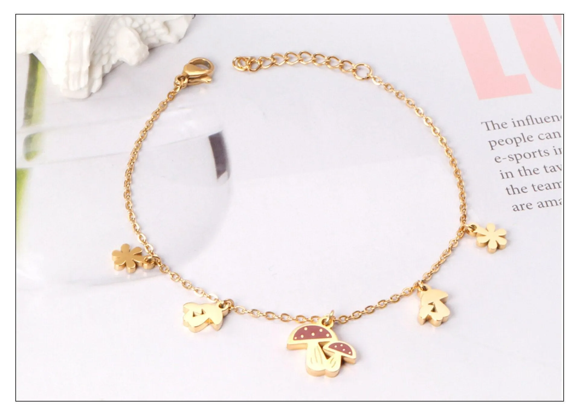 Cute Style Gold Colour Mushroom Flower Pendants Beaded Chains Charm Bracelets - Stainless Steel link Chain
