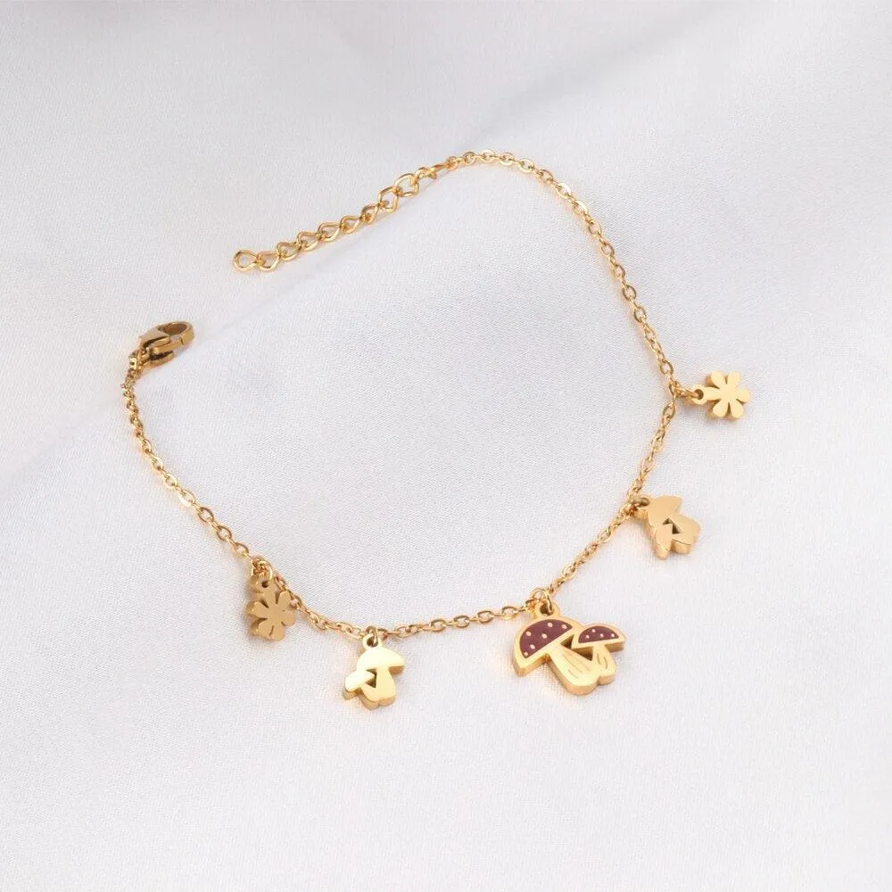 Cute Style Gold Colour Mushroom Flower Pendants Beaded Chains Charm Bracelets - Stainless Steel link Chain