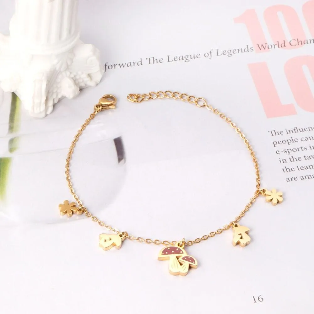Cute Style Gold Colour Mushroom Flower Pendants Beaded Chains Charm Bracelets - Stainless Steel link Chain