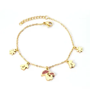 Cute Style Gold Colour Mushroom Flower Pendants Beaded Chains Charm Bracelets - Stainless Steel link Chain