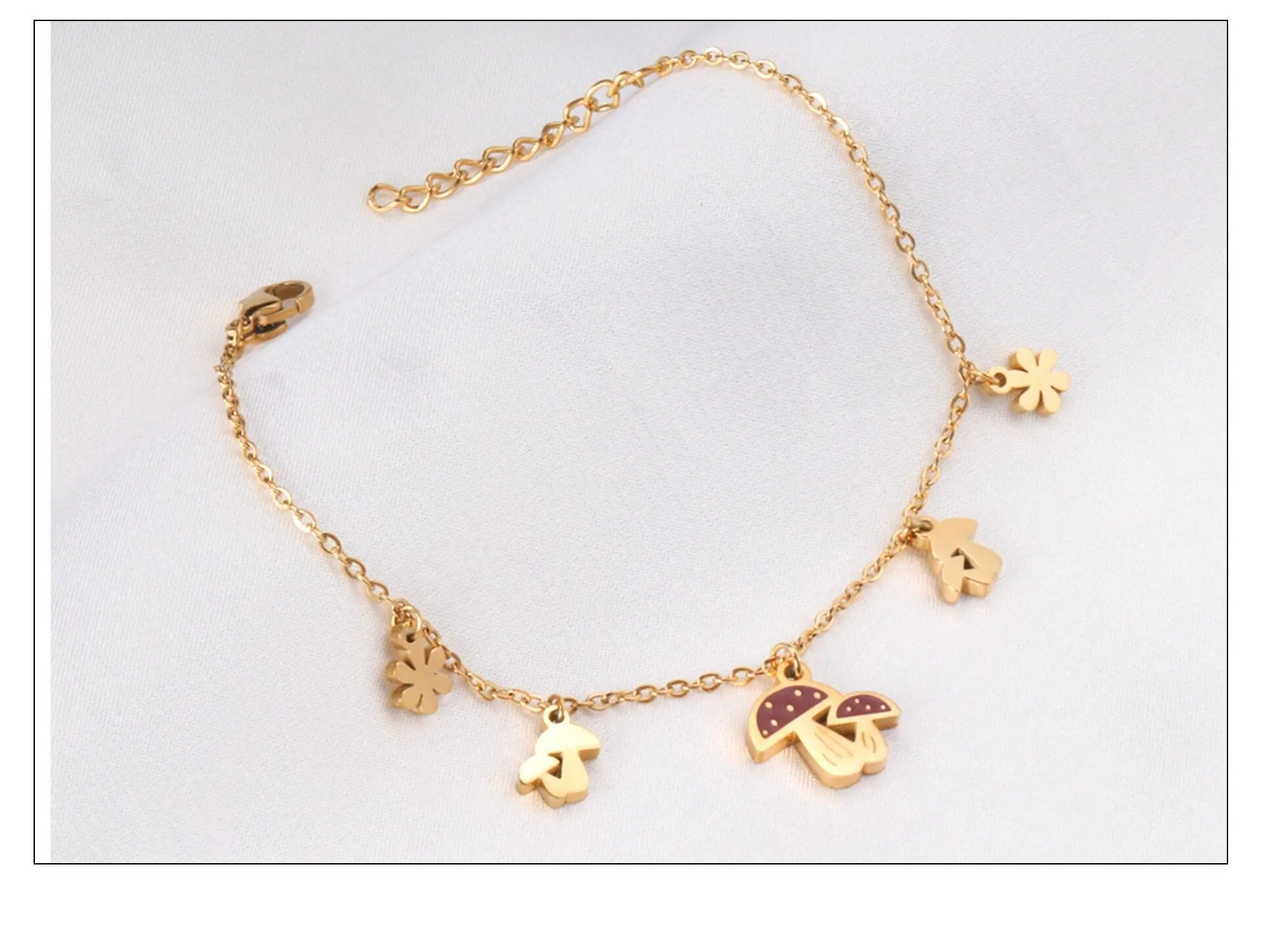 Cute Style Gold Colour Mushroom Flower Pendants Beaded Chains Charm Bracelets - Stainless Steel link Chain