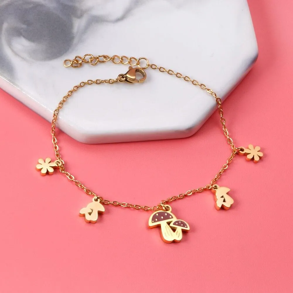 Cute Style Gold Colour Mushroom Flower Pendants Beaded Chains Charm Bracelets - Stainless Steel link Chain