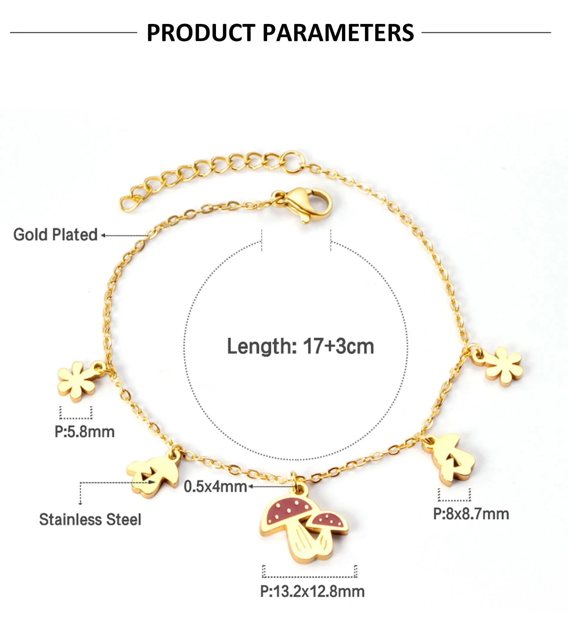 Cute Style Gold Colour Mushroom Flower Pendants Beaded Chains Charm Bracelets - Stainless Steel link Chain