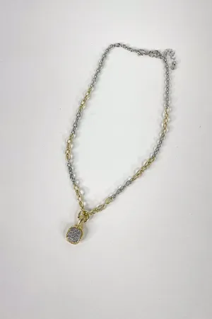 CZ Square Pendant Two Tone Necklace