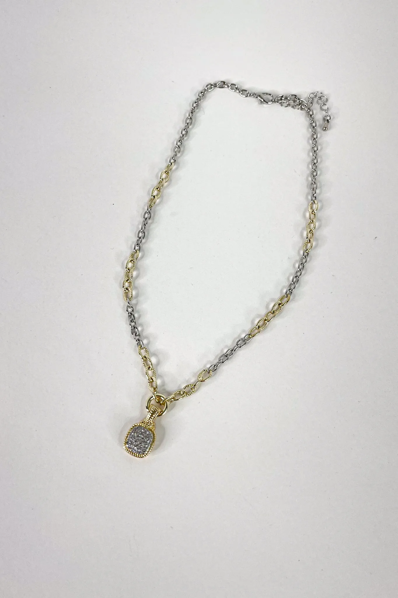 CZ Square Pendant Two Tone Necklace