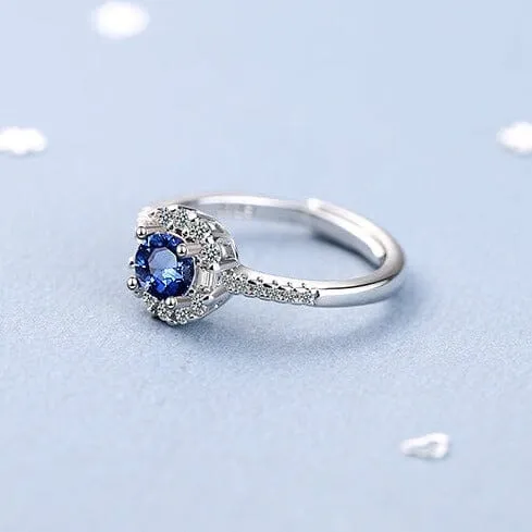 Dainty Blue Sapphire Zircon Adjustable Ring - 925 Sterling Silver