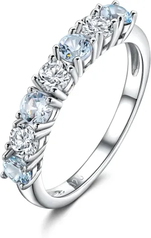 DAYBYDAY 925 Sterling Silver Birthstone Rings for Women White Sapphire Created Gemstone Wedding Band Stackable Half Eternity 7 Stone Anniversary Ring Wife Mom Grandma Birthday Jewelry Size 6-10