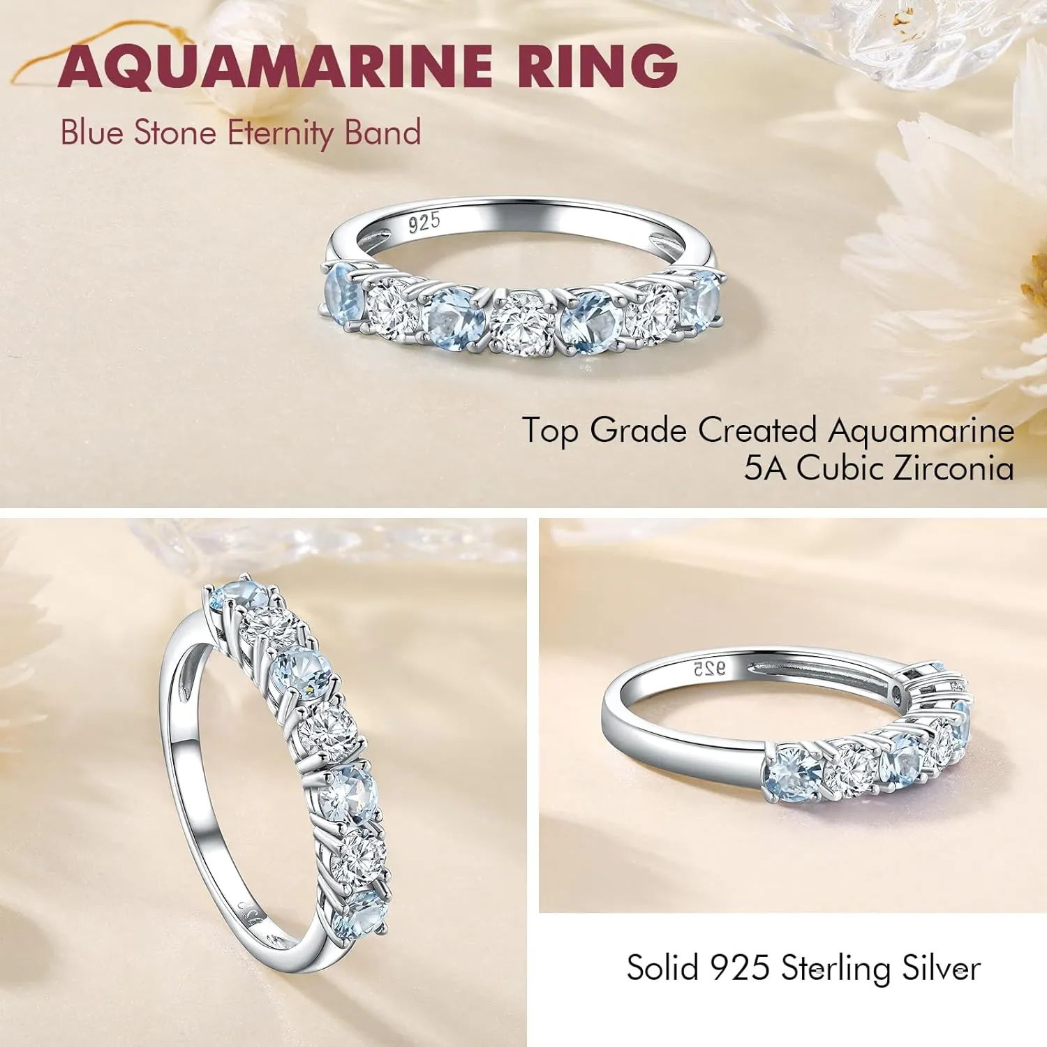 DAYBYDAY 925 Sterling Silver Birthstone Rings for Women White Sapphire Created Gemstone Wedding Band Stackable Half Eternity 7 Stone Anniversary Ring Wife Mom Grandma Birthday Jewelry Size 6-10