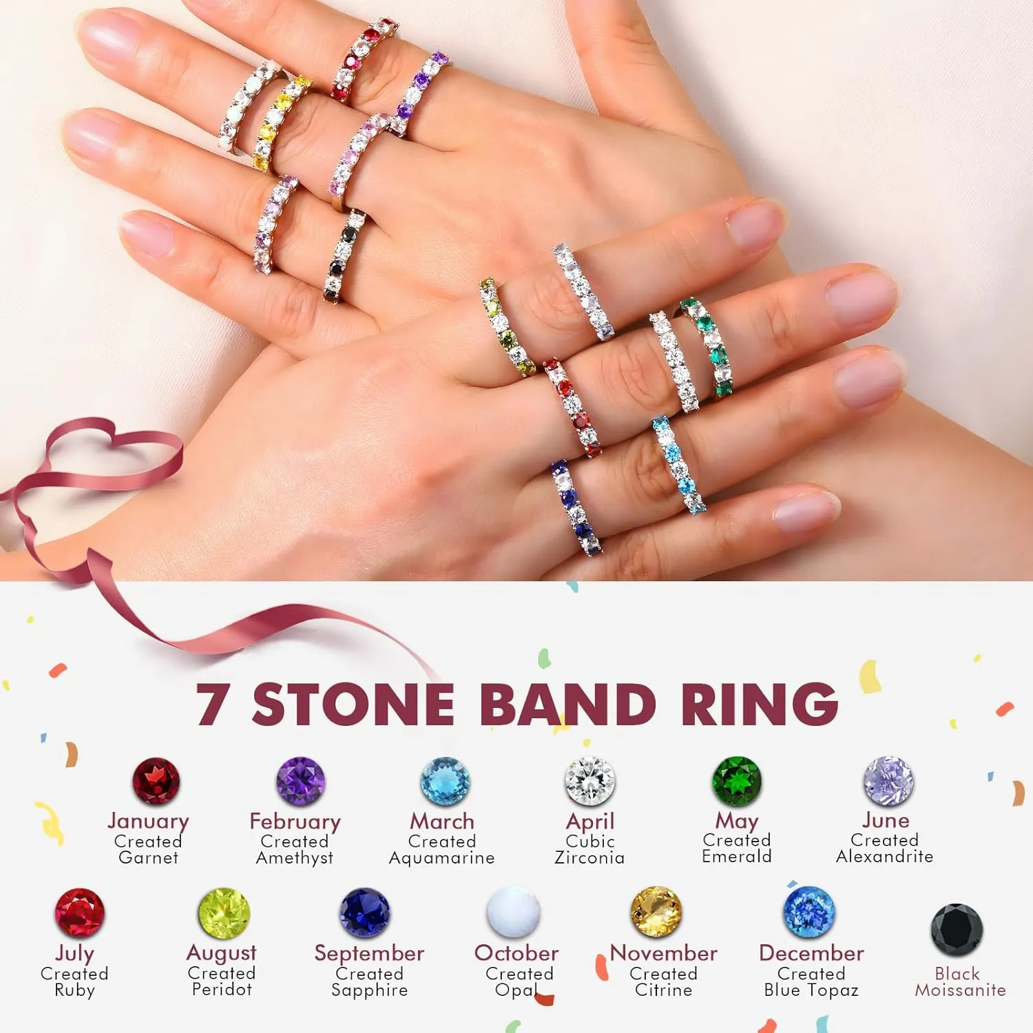 DAYBYDAY 925 Sterling Silver Birthstone Rings for Women White Sapphire Created Gemstone Wedding Band Stackable Half Eternity 7 Stone Anniversary Ring Wife Mom Grandma Birthday Jewelry Size 6-10