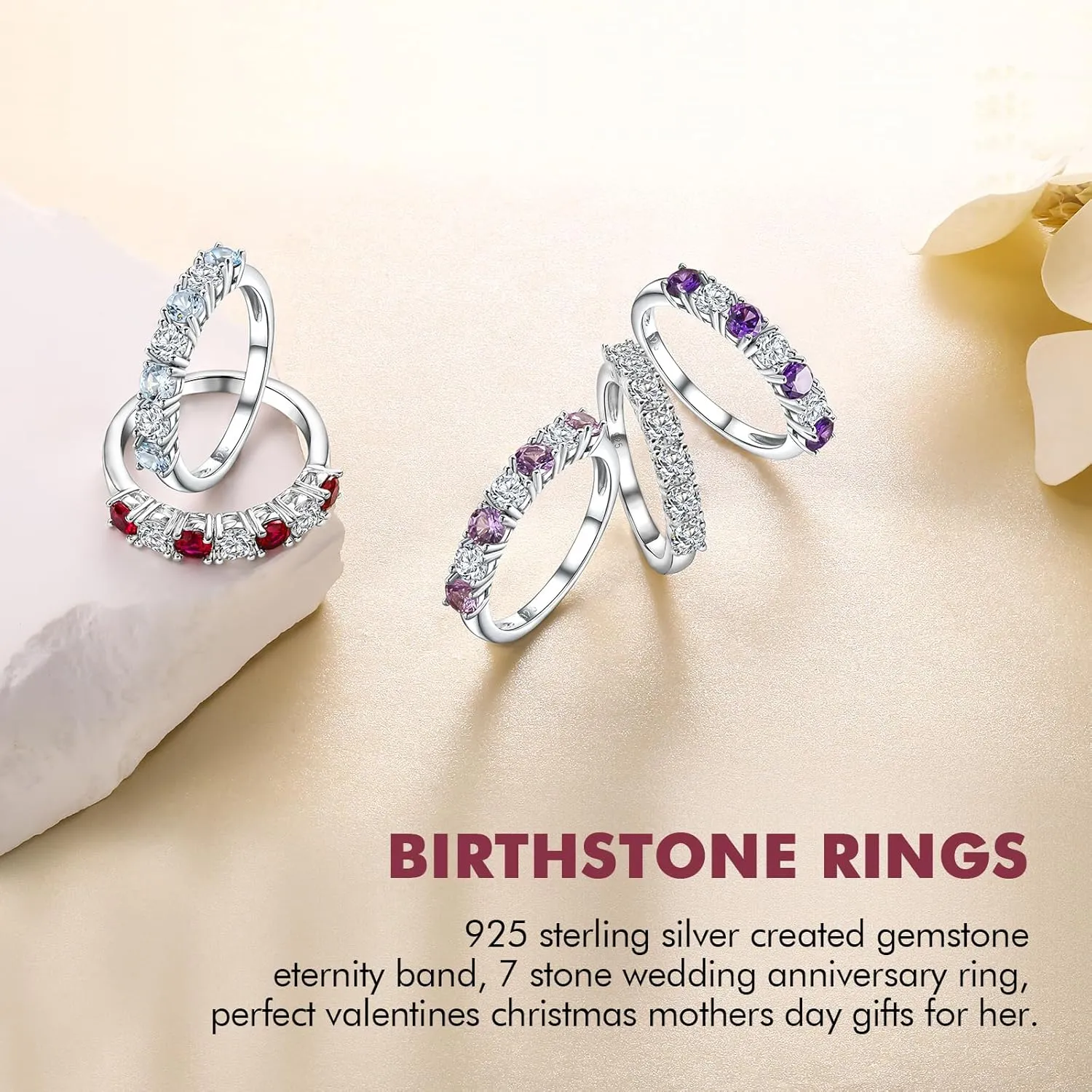 DAYBYDAY 925 Sterling Silver Birthstone Rings for Women White Sapphire Created Gemstone Wedding Band Stackable Half Eternity 7 Stone Anniversary Ring Wife Mom Grandma Birthday Jewelry Size 6-10
