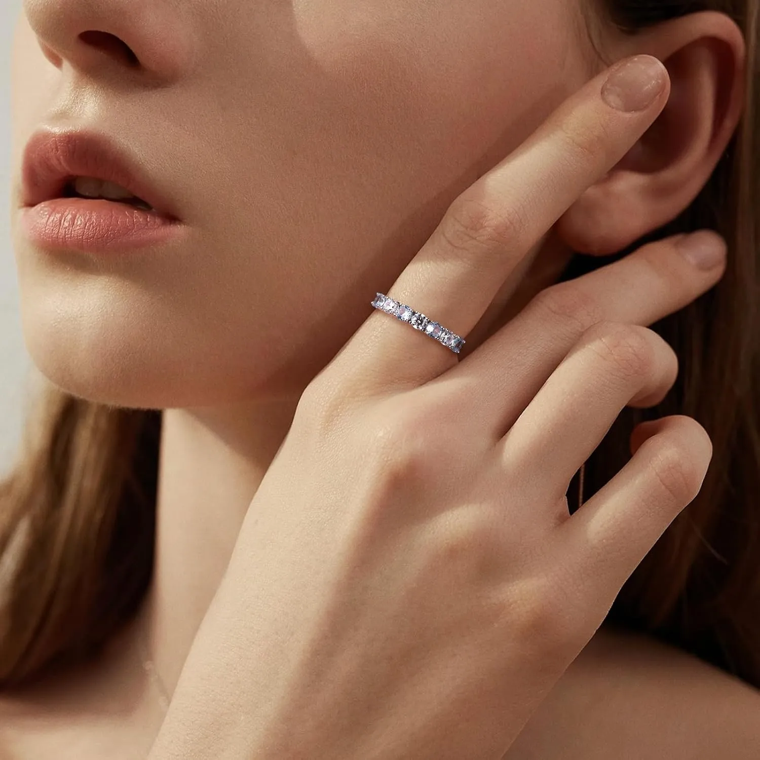 DAYBYDAY 925 Sterling Silver Birthstone Rings for Women White Sapphire Created Gemstone Wedding Band Stackable Half Eternity 7 Stone Anniversary Ring Wife Mom Grandma Birthday Jewelry Size 6-10